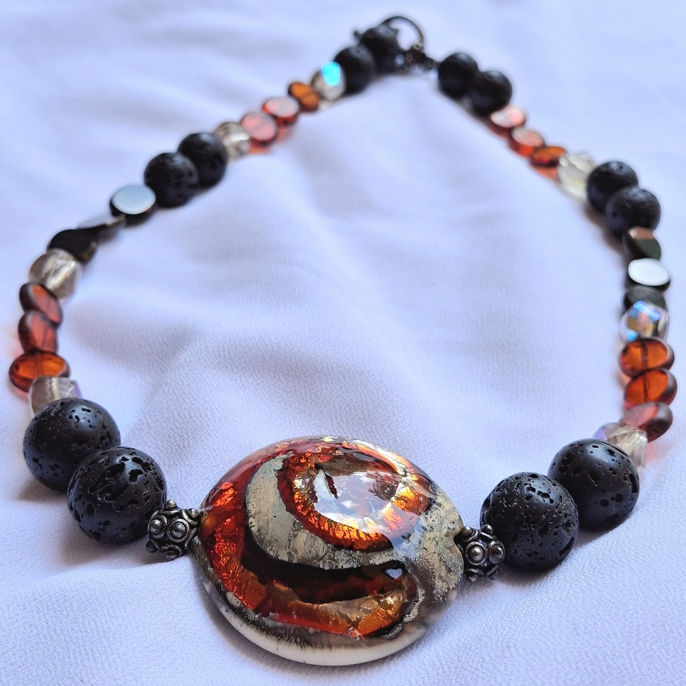 Vintage Handmade Red Black Glass Beads & Gold Pendant Beaded Necklace
